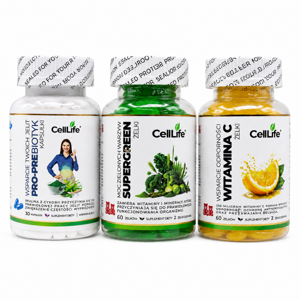 Suplementy diety Cell Life Odporność Jelita Witamina C SuperGreen Prebiotyk