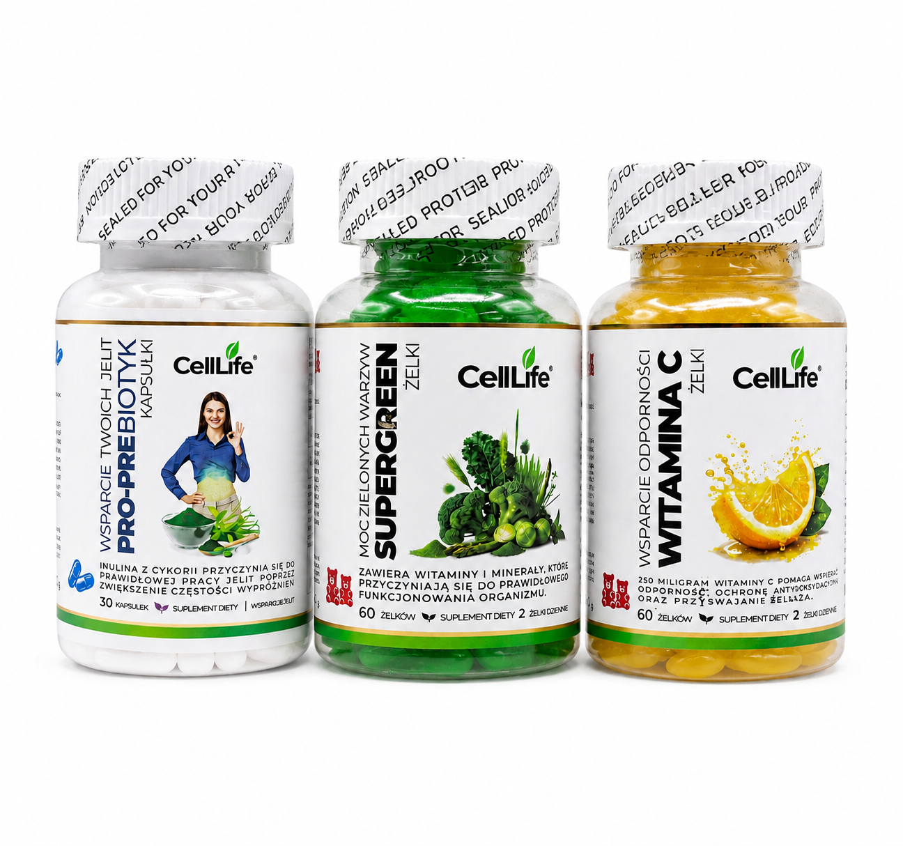Suplementy diety Cell Life Odporność Jelita Witamina C SuperGreen Prebiotyk